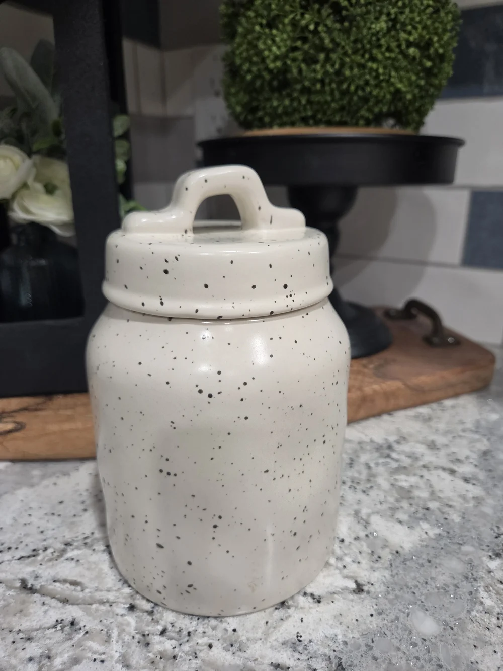 Rae Dunn Cream Speckled Tea Canister 7in